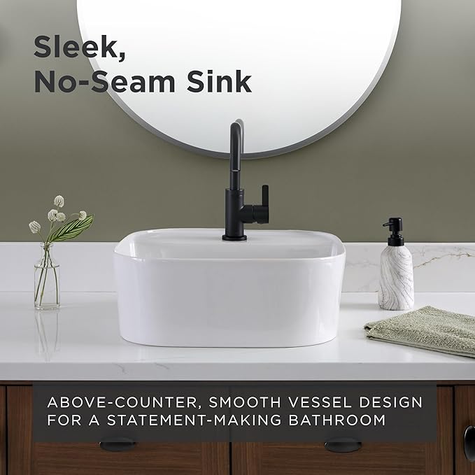 Gerber Cymira 16 in. Soft Square Vessel Bathroom Sink, Above-Counter Glazed White Fireclay Ceramic Vanity Sink with Faucet Hole, Modern Transitional Basin Sink Bowl, G0013783