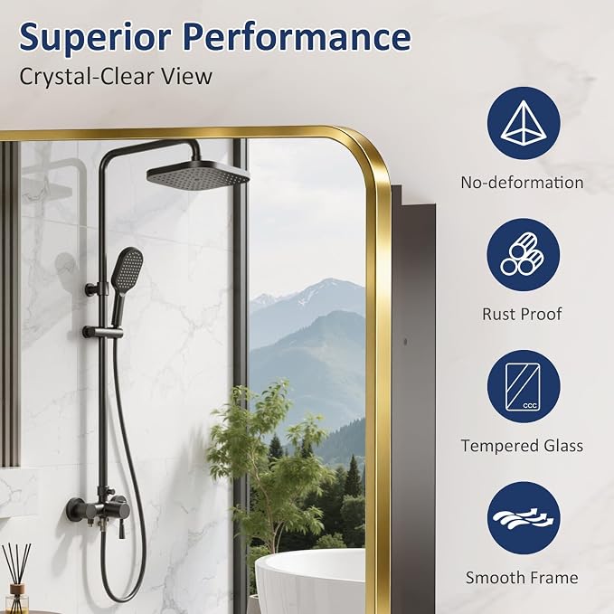Medicine Cabinet Mirror 24x30 Inch, Gold Bathroom Mirror Cabinet with Stepless Adjustable Shelves, Stainless Steel Frame, Bathroom Mirror with Storage Recessed or Wall Mount