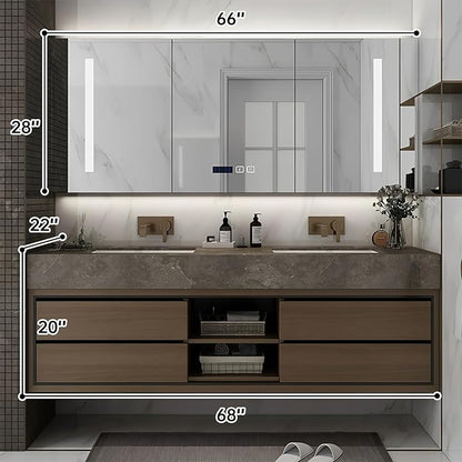 68IN Double Sink Bathroom Vanity, Floating Modern Bathroom Vanity Include Smart Defog Mirror Cabinet with LED Light, Solid Wood Vanities with Integrated Sink and Drawers Storage