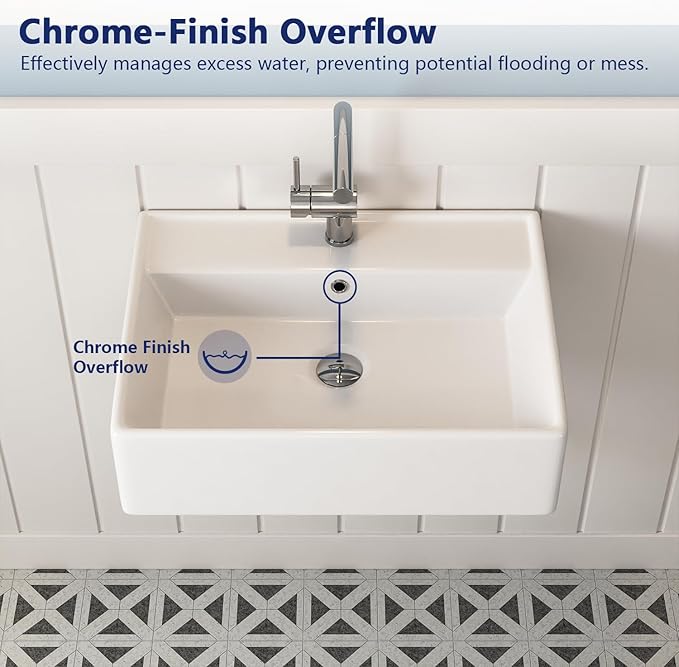 DeerValley 23x18 Inch Wall Mounted Bathroom Sink, White Ceramic Rectangular Vessel Sink with Overflow and Faucet Hole, Art Sink, DV-1WS0127
