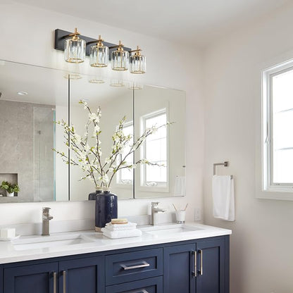 Black Gold Crystal Bathroom Vanity Light, Modern 4-Lights Bathroom Light Fixtures Over Mirror, Crystal Wall Lighting with Polished Gold Finish