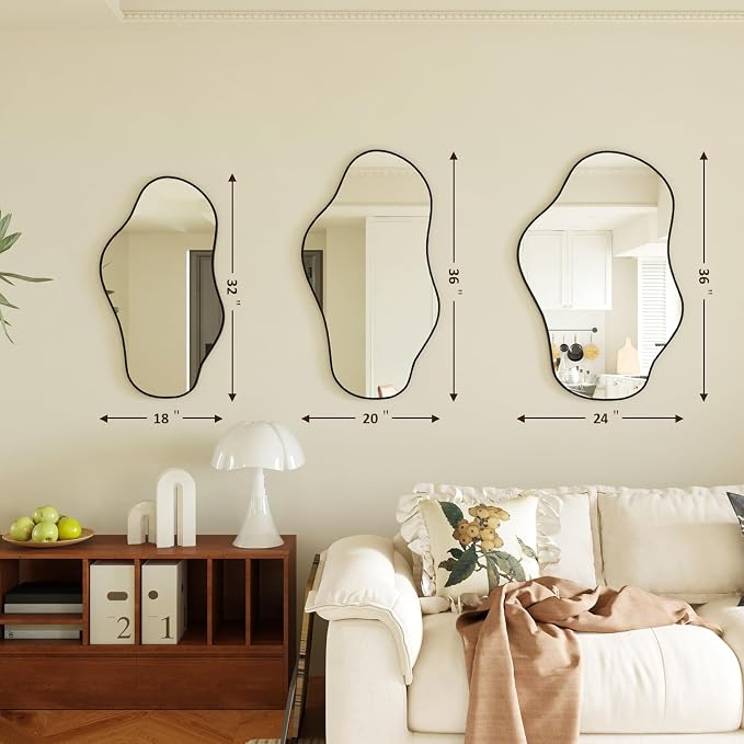 Irregular Wall Mirror, 18"x32" Asymmetrical Mirror with Metal Frame, Decorative Wall Mirror for Entryway Bathroom Living Room Bedroom, Horizontal or Vertical Hanging