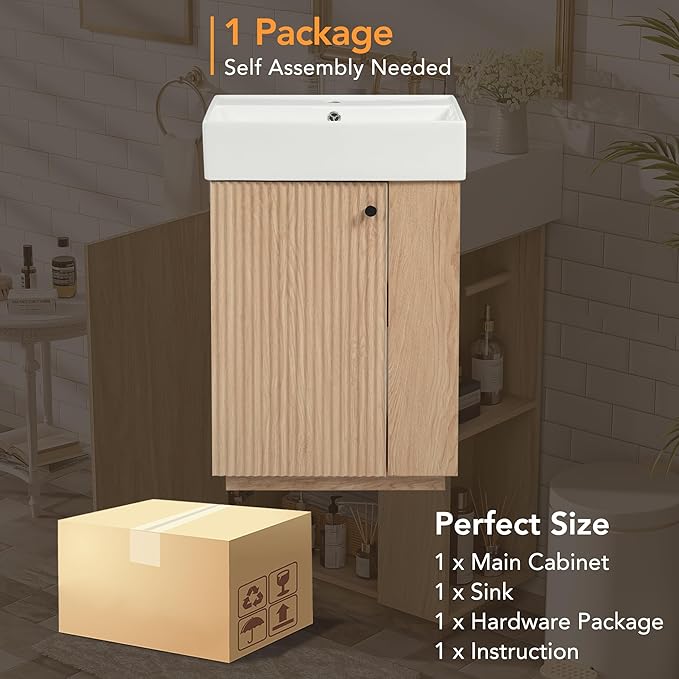 Merax Bathroom Vanity, Undermount Sinks Vanity with Side Storage, Floor Standing Bathroom Storage Cabinet Combo Set, Small Bathroom Sink Vanity, Oak