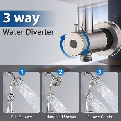 Rainfall Shower Head with Handheld Shower Spray, with 26" Drill Free Adjustable Height Slider Bar, High Pressure Dual Shower Head Combo, 3-Way Diverter for Easy Reach, 5Ft Hose-Brushed Nickel