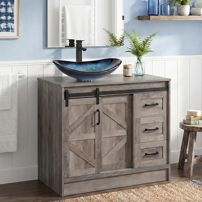 36" Farmhouse Bathroom Vanity with Sink, Bathroom Storage Cabinet with Sliding Barn Doors & Drawers, Freestanding Vanity with Blue Boat Glass Vessel Sink Combo Set