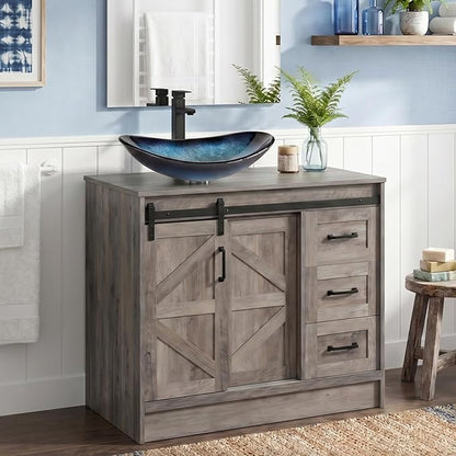 36" Farmhouse Bathroom Vanity with Sink, Bathroom Storage Cabinet with Sliding Barn Doors & Drawers, Freestanding Vanity with Blue Boat Glass Vessel Sink Combo Set