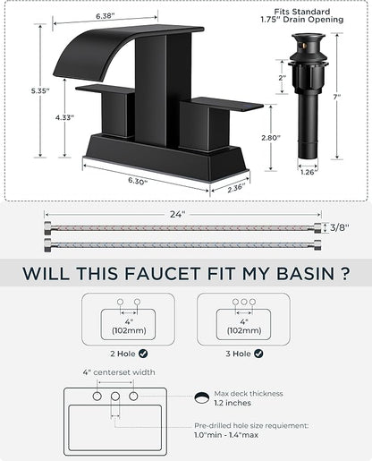 FORIOUS 4 Inch Centerset Matte Black Bathroom Faucet, 2 or 3 Hole Waterfall Square Bathroom Sink Faucet with Metal Pop-up Drain and Supply Lines, Two Handles for Vanity, Lavatory Room, Pedestal