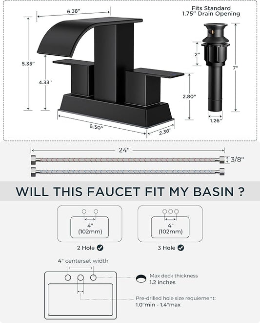 FORIOUS 4 Inch Centerset Matte Black Bathroom Faucet, 2 or 3 Hole Waterfall Square Bathroom Sink Faucet with Metal Pop-up Drain and Supply Lines, Two Handles for Vanity, Lavatory Room, Pedestal