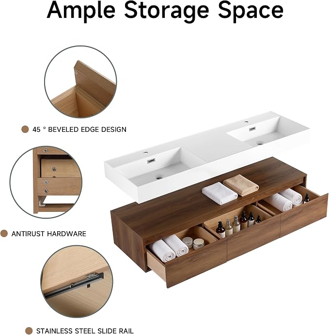 60 Inch Floating Bathroom Vanity with Double Sink, Modern Wall-Mounted Bathroom Cabinet with Resin Sink & Soft Close Drawers, Split-Level Layout (Walnut, 60" Double Sink)