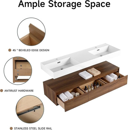 60 Inch Floating Bathroom Vanity with Double Sink, Modern Wall-Mounted Bathroom Cabinet with Resin Sink & Soft Close Drawers, Split-Level Layout (Walnut, 60" Double Sink)