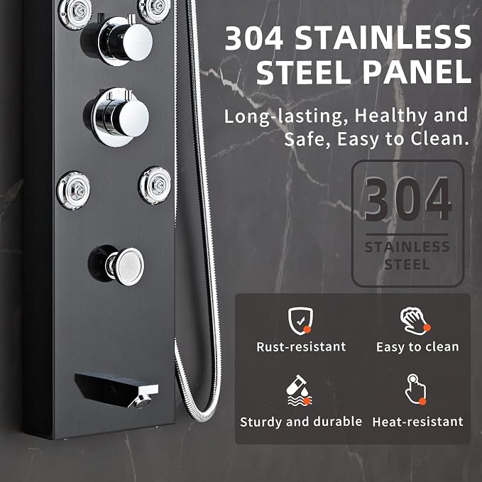 LED 5-in-1 Shower Panel Tower System,Brushed Black | 304 Stainless Steel Shower Panel Tower Column with Powerful Body Jets, Rainfall, Waterfall,Handheld and Tub Spout