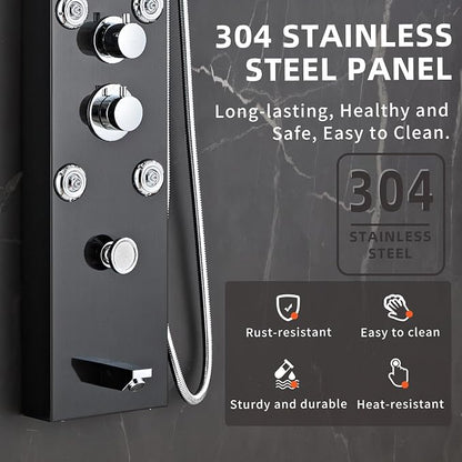 LED 5-in-1 Shower Panel Tower System,Brushed Black | 304 Stainless Steel Shower Panel Tower Column with Powerful Body Jets, Rainfall, Waterfall,Handheld and Tub Spout