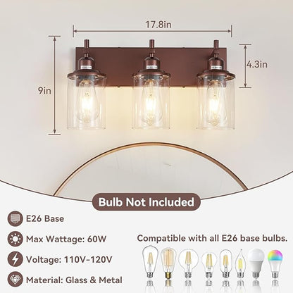 3-Light Bronze Bathroom Light Fixtures Over Mirror,Modern Bathroom Vanity Light with Clear Glass Shade, Wall Sconce for Bathroom Hallway Cabinet Bedroom Kitchen Living Room Foyer E26 Base