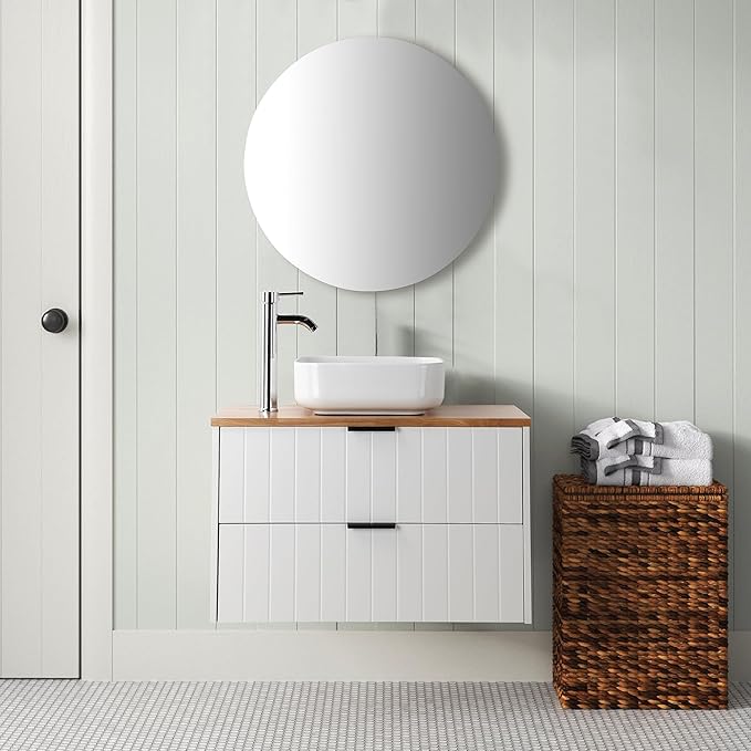 32 inch Bathroom Vanity with Sink and Solid Wood Countertop, Wall Mounted Bathroom Vanity Cabinet with 2 Drawers, Modern Floating Bathoom Vanity Set Include Square Ceramic Basin Sink & Round Mirror