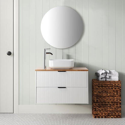 32 inch Bathroom Vanity with Sink and Solid Wood Countertop, Wall Mounted Bathroom Vanity Cabinet with 2 Drawers, Modern Floating Bathoom Vanity Set Include Square Ceramic Basin Sink & Round Mirror