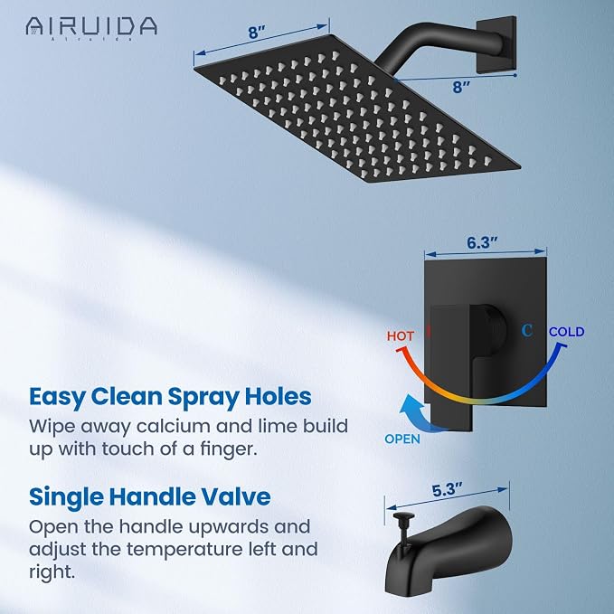 Airuida 8 Inch Shower Faucet Set,Bathtub Faucet Kit,Matte Black | Shower Tub Faucet Set,Male Threads Rough-In Valve,Square Head Shower System