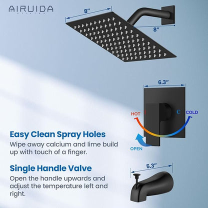 Airuida 8 Inch Shower Faucet Set,Bathtub Faucet Kit,Matte Black | Shower Tub Faucet Set,Male Threads Rough-In Valve,Square Head Shower System