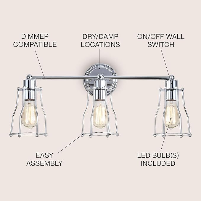 JONATHAN Y 24" Chrome Modern Industrial Metal Vanity Light, Bathroom Sconce for Mirror, Reversible 3-Light Wall Lamp with Metal Cage Shade for Hallway, LED Bulb Included (JYL7417A)
