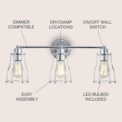 JONATHAN Y 24" Chrome Modern Industrial Metal Vanity Light, Bathroom Sconce for Mirror, Reversible 3-Light Wall Lamp with Metal Cage Shade for Hallway, LED Bulb Included (JYL7417A)