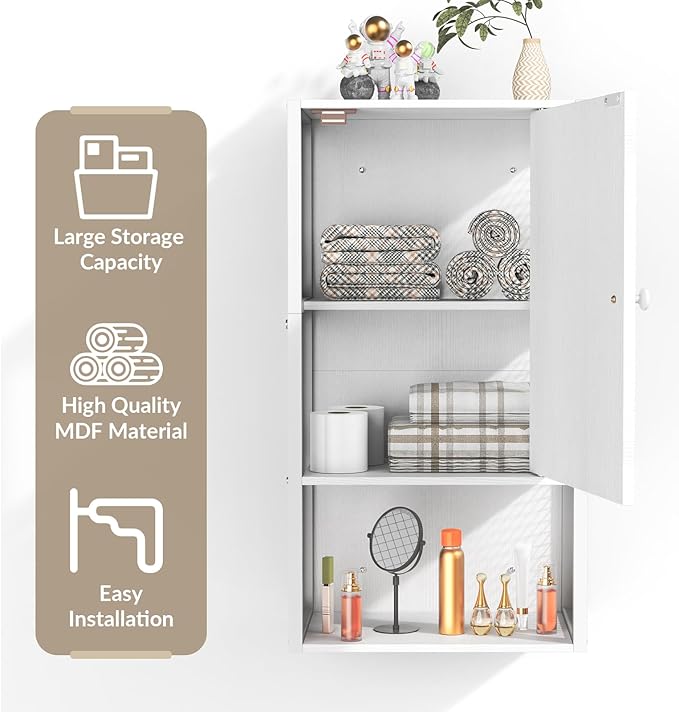 Small Medicine Cabinet, White Bathroom Cabinet Wall Mounted, 3-Tier Bathroom Wall Cabinet, Wood Wall Mounted Hanging Cabinet for Small Spaces, Living Room, Laundry, Kitchen