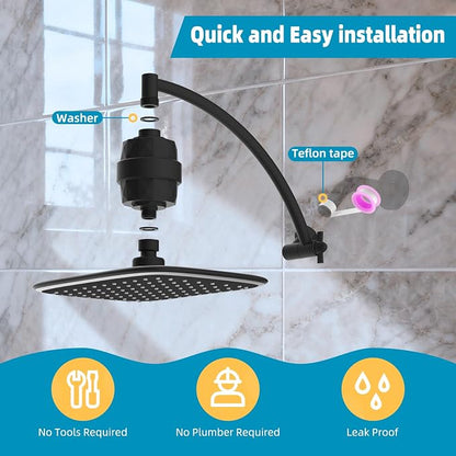 Filtered Rain Shower Head & 12" Extension Arm, 10" High-Pressure Showerhead | Matte Black, Boosting Rainfall/Fixed Showerhead with 20-Stage Shower Filter, Metal Shower Extender Adjustable Height/Angle