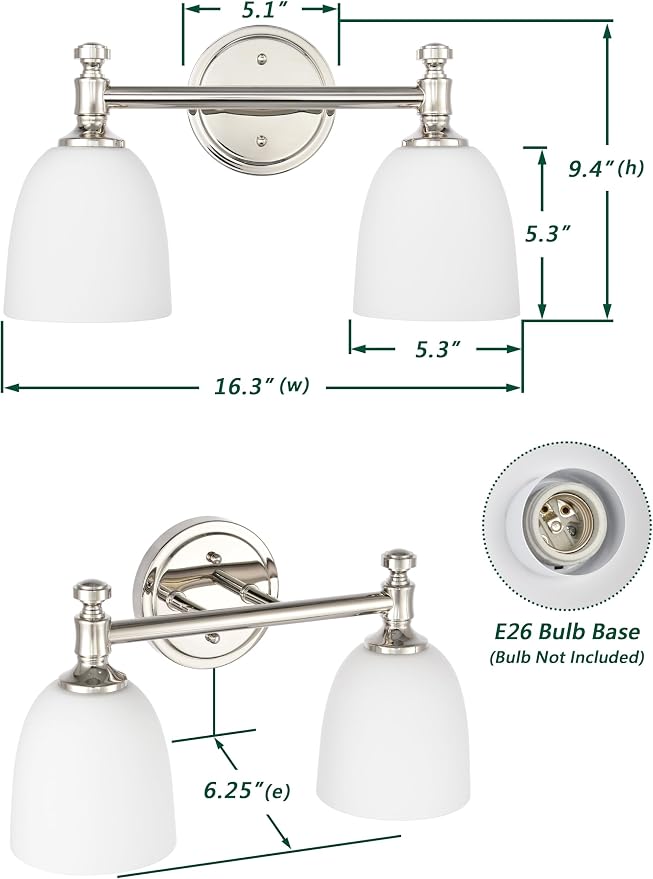 Bathroom Vanity Light, 2-Light Bathroom Light Fixtures Over Mirror, Traditional Vanity Lights for Living Room, Milk White Bell Glass Shades, Standard E26 Base, Polished Nickel
