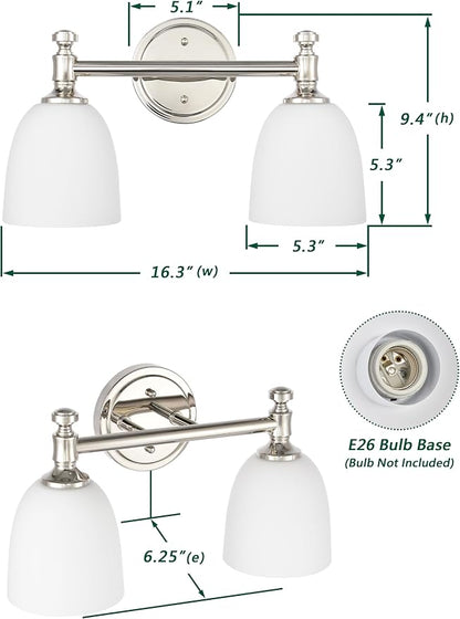 Bathroom Vanity Light, 2-Light Bathroom Light Fixtures Over Mirror, Traditional Vanity Lights for Living Room, Milk White Bell Glass Shades, Standard E26 Base, Polished Nickel