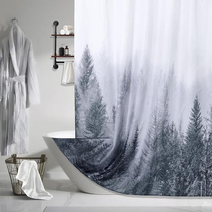 ORTIGIA Grey Shower Curtain for Bathroom, Misty Forest Shower Curtain Set with Rustproof Hooks, Decorative Pine Tree Fog Magic Bath Curtain for Home, Waterproof Fabric, Weighted, 72x72