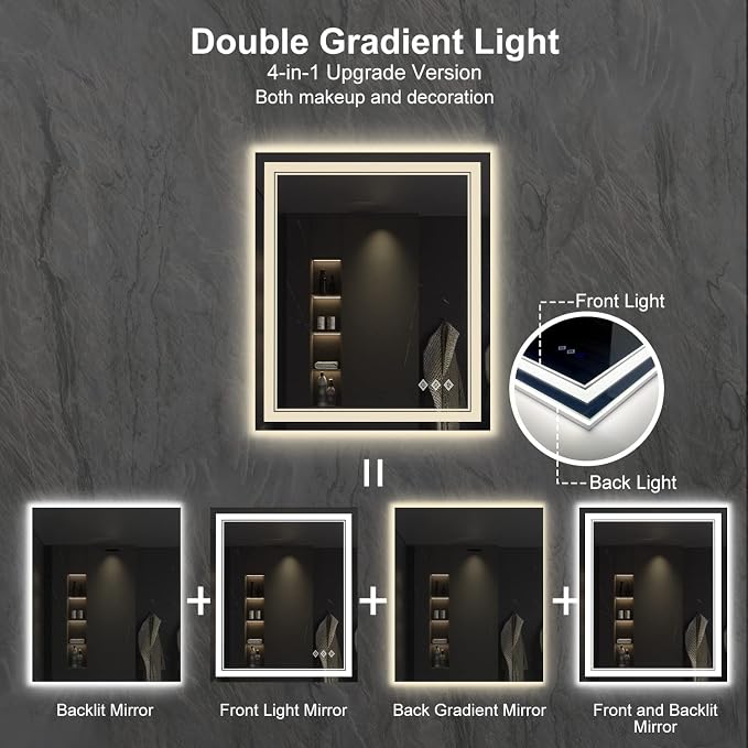 Lighted Mirror, 30x36 Inch Gradient Front and Backlit LED Mirror, 3 Colors Dimmable CRI>90 Double Lights, IP54 Enhanced Anti-Fog, Hanging Plates Wall Mount LED Bathroom Mirror