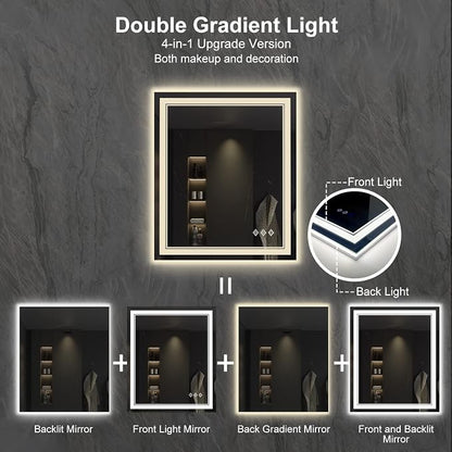 Lighted Mirror, 30x36 Inch Gradient Front and Backlit LED Mirror, 3 Colors Dimmable CRI>90 Double Lights, IP54 Enhanced Anti-Fog, Hanging Plates Wall Mount LED Bathroom Mirror