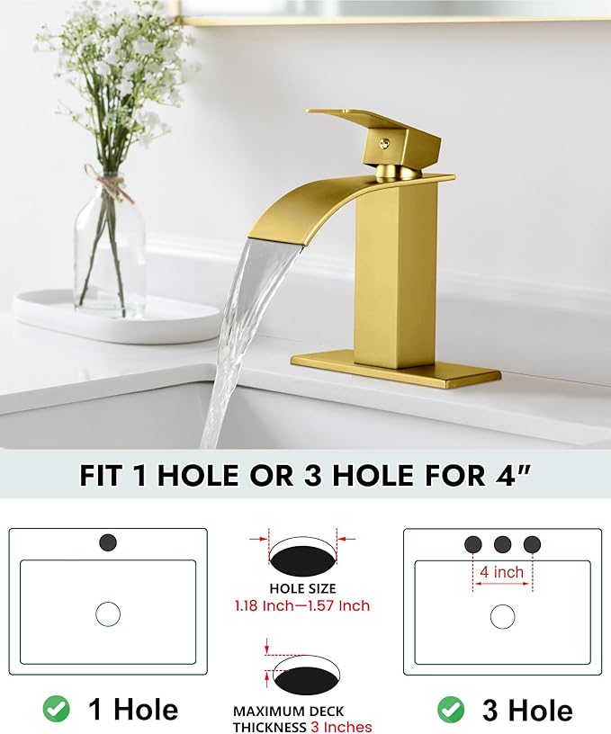 Midanya Bathroom Faucet with Waterfall Spout, Single Hole or 3-Hole Deck Mount, 304 Stainless Steel Sink Faucet with Pop-Up Drain, RV Vanity Compatible,Gold