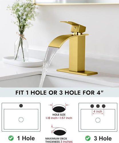 Midanya Bathroom Faucet with Waterfall Spout, Single Hole or 3-Hole Deck Mount, 304 Stainless Steel Sink Faucet with Pop-Up Drain, RV Vanity Compatible,Gold