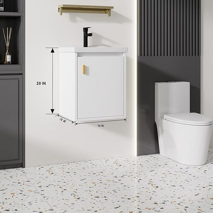 16'' Bathroom Vanity with Ceramic Sink Combo, Wall Mounted Small Bathroom Vanity with Soft-Close Door Modern Floating Cabinet, Pop-up Drain, P-Trap Included, White(No Faucet)