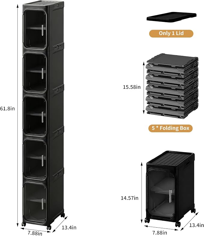 5-Tier Tall Narrow Slim Bathroom Storage Cabinet, Black | Tool Free Assembly, Adjustable Shelves, Fits for Narrow Spaces, Reinforced Stability, Magnetic Clear Door