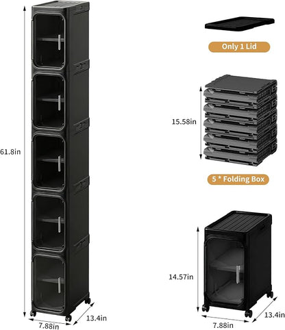 5-Tier Tall Narrow Slim Bathroom Storage Cabinet, Black | Tool Free Assembly, Adjustable Shelves, Fits for Narrow Spaces, Reinforced Stability, Magnetic Clear Door