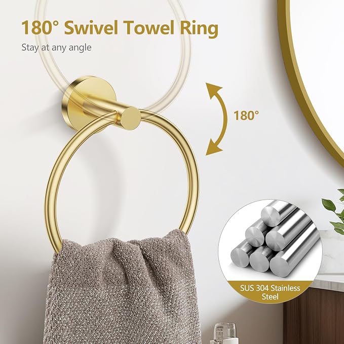 TQKAG 5 Piece Bathroom Hardware Set, Brushed Gold Bathroom Accessories | SUS304 Stainless Steel, 23.6" Brushed Gold Toilet Paper Holder with Shelf, Towel Racks for Bathroom Wall Mounted, Towel Bars