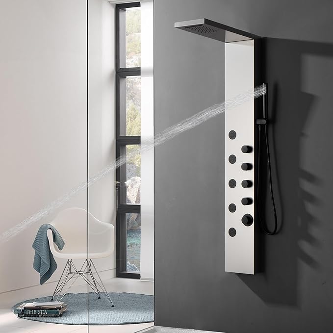 Homevacious Shower Panel Tower System with Rainfall Shower Head 5 Body Jets and Handheld Shower Head Modern Massage Shower System Brushed Nickel