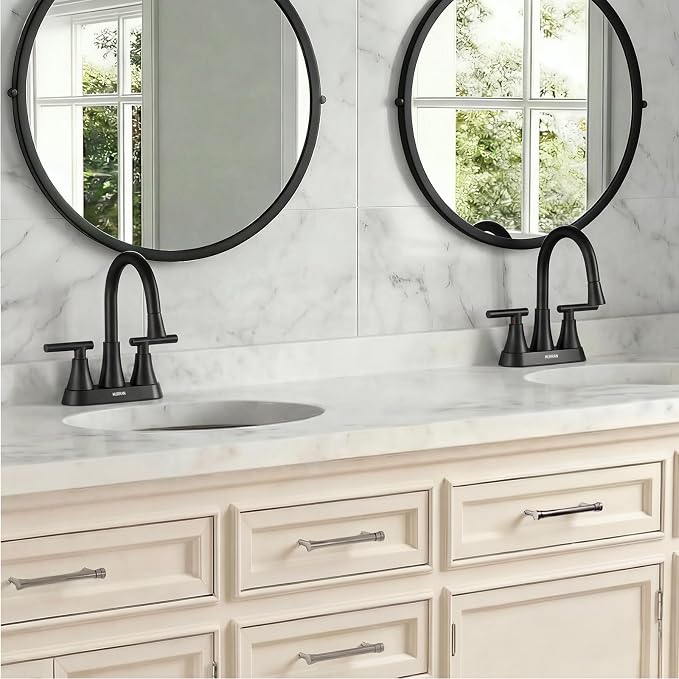 Centerset Bathroom Faucet with Pull Out Sprayer, 4 Inch 2 Handle Sink Faucet with Pop Up Drain, Stainless Steel Vanity Faucet with 2 Supply Hoses, Matte Black