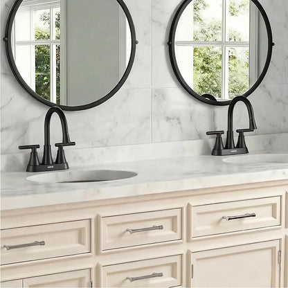 Centerset Bathroom Faucet with Pull Out Sprayer, 4 Inch 2 Handle Sink Faucet with Pop Up Drain, Stainless Steel Vanity Faucet with 2 Supply Hoses, Matte Black