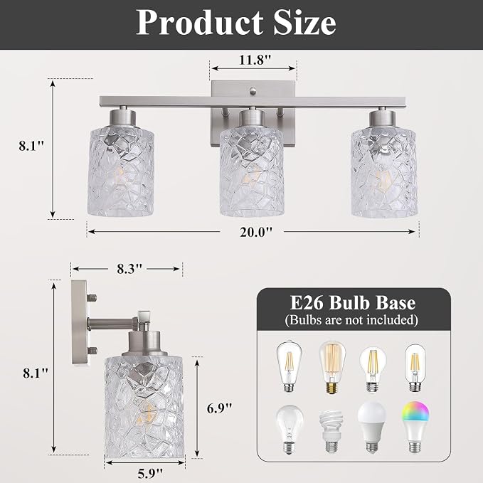 Mecgirn Stainless Steel Bathroom Vanity Light Over Mirror, 3 Light Brushed Nickel Bathroom Light Fixtures with Textured Glass Shades, Ceramic E26 Sockets Wall Mounted