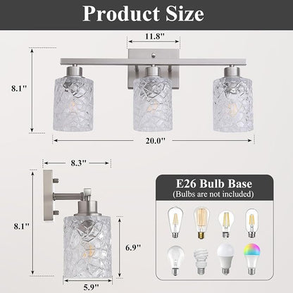 Mecgirn Stainless Steel Bathroom Vanity Light Over Mirror, 3 Light Brushed Nickel Bathroom Light Fixtures with Textured Glass Shades, Ceramic E26 Sockets Wall Mounted