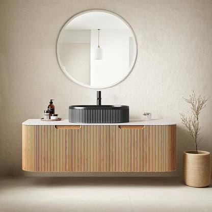 48" Floating Bathroom Vanity with Sink, Wall-Mount Cabinet with 2 Large Storage Drawers, Oval Bathroom Ceramic Basins and Marble Top, Soft-Close Design, Natural Wood with Black