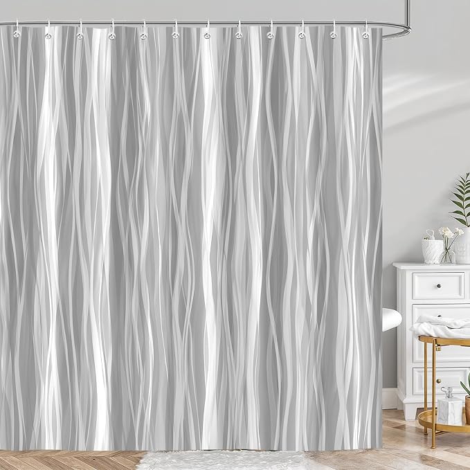 Moonslim Grey Ombre Shower Curtain, Modern Wavy Abstract Gray Striped Line Bathroom Curtain, Waterproof Fabric Bath Decor, 72 x 72 Inch