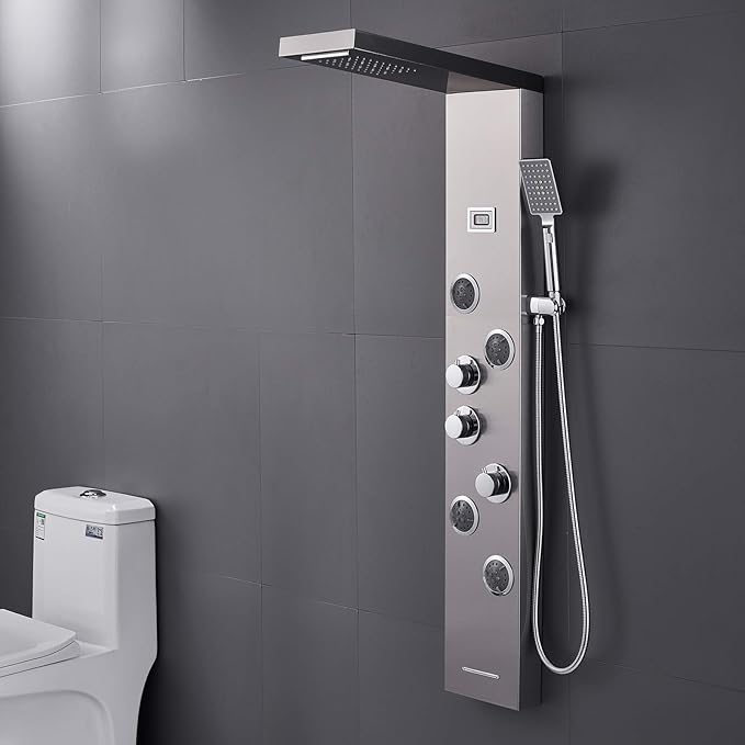 MENATT LED Shower Panel Tower System, 6 in 1 Stainless Steel LED Shower Column, Rainfall & Waterfall Head, Massage Jets, Tub Spout, Handheld Shower(Brushed)