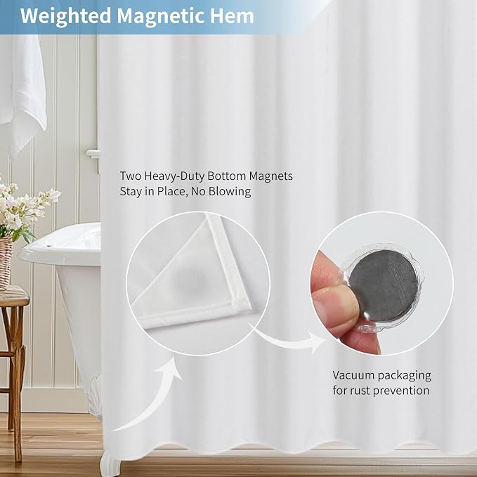Extra Long Fabric Shower Curtain with Waterproof Layer,72x84,White | 2-in-1 Design,Linen Textured,100% Waterproof TPU-Laminated Backing,Magnetic Weighted,Machine Washable,For Bathroom,Hotel