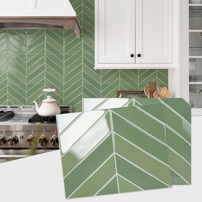 STICKGOO Herringbone Peel and Stick Backsplash, Olive Green, 10 Sheets | 12.6 x 9.7 in, Thicker Rectangular Vinyl Stick-On Wall Tiles, Easy Alignment, Waterproof, Easy to Clean, Kitchen/Bathroom