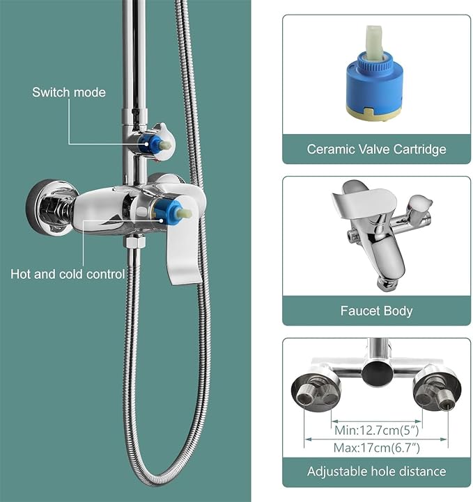 Polish Chrome Exposed Shower System 2 Functional Bathroom Shower Set 8 Inch Square Rainfall Shower Head with Hand Sprayer Wall Mounted | 2-function design with rainfall shower head, handheld shower, adjustable-height slide bar and exposed wall-mount valve