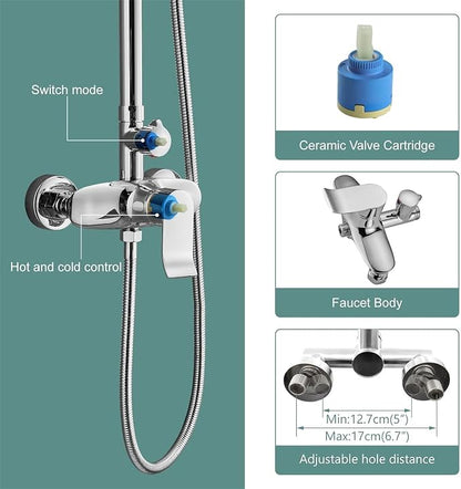 Polish Chrome Exposed Shower System 2 Functional Bathroom Shower Set 8 Inch Square Rainfall Shower Head with Hand Sprayer Wall Mounted | 2-function design with rainfall shower head, handheld shower, adjustable-height slide bar and exposed wall-mount valve