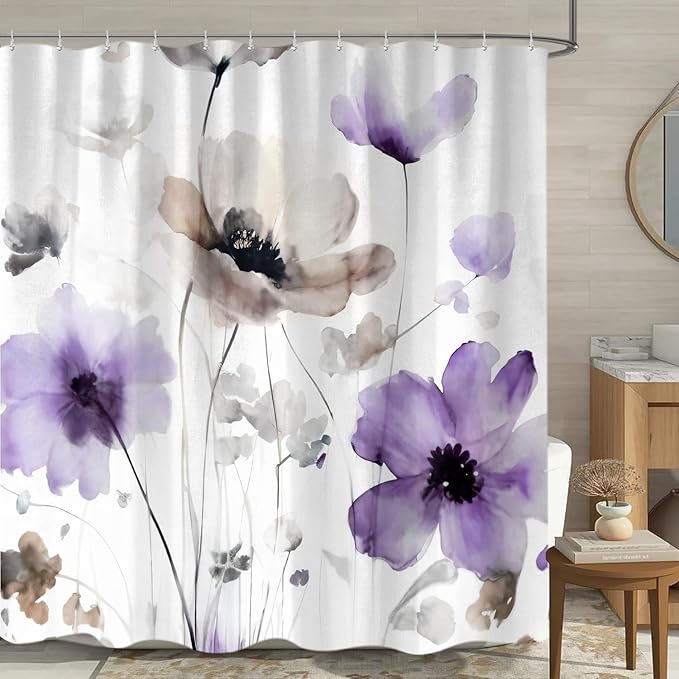 Sanzugh Boho Floral Shower Curtain, Cream Tan Beige Purple Grey White Flower Farmhouse Fabric Shower Curtains Set for Bathroom Decorative with Hooks 72 X 72 inch Spring Bath Decor