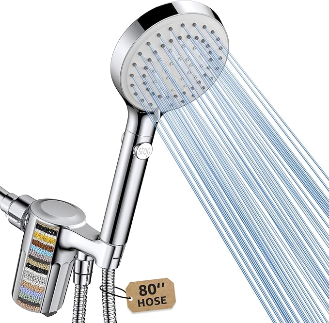 FASDUNT High Pressure Filtered Handheld Shower Head with Hose, Chrome | 80" Long Stainless Steel Hose, ON/OFF Switch for Pets Bath, Filter Beads for Hard Water, Remove Chlorine & Reduce Dry Skin